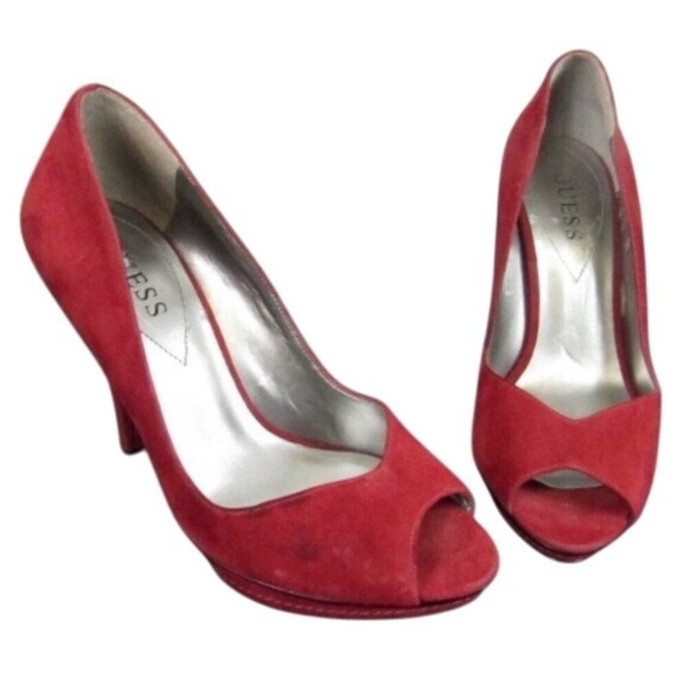 Guess Womens Red Suede Peep Toe Platform Heels Size 6.5